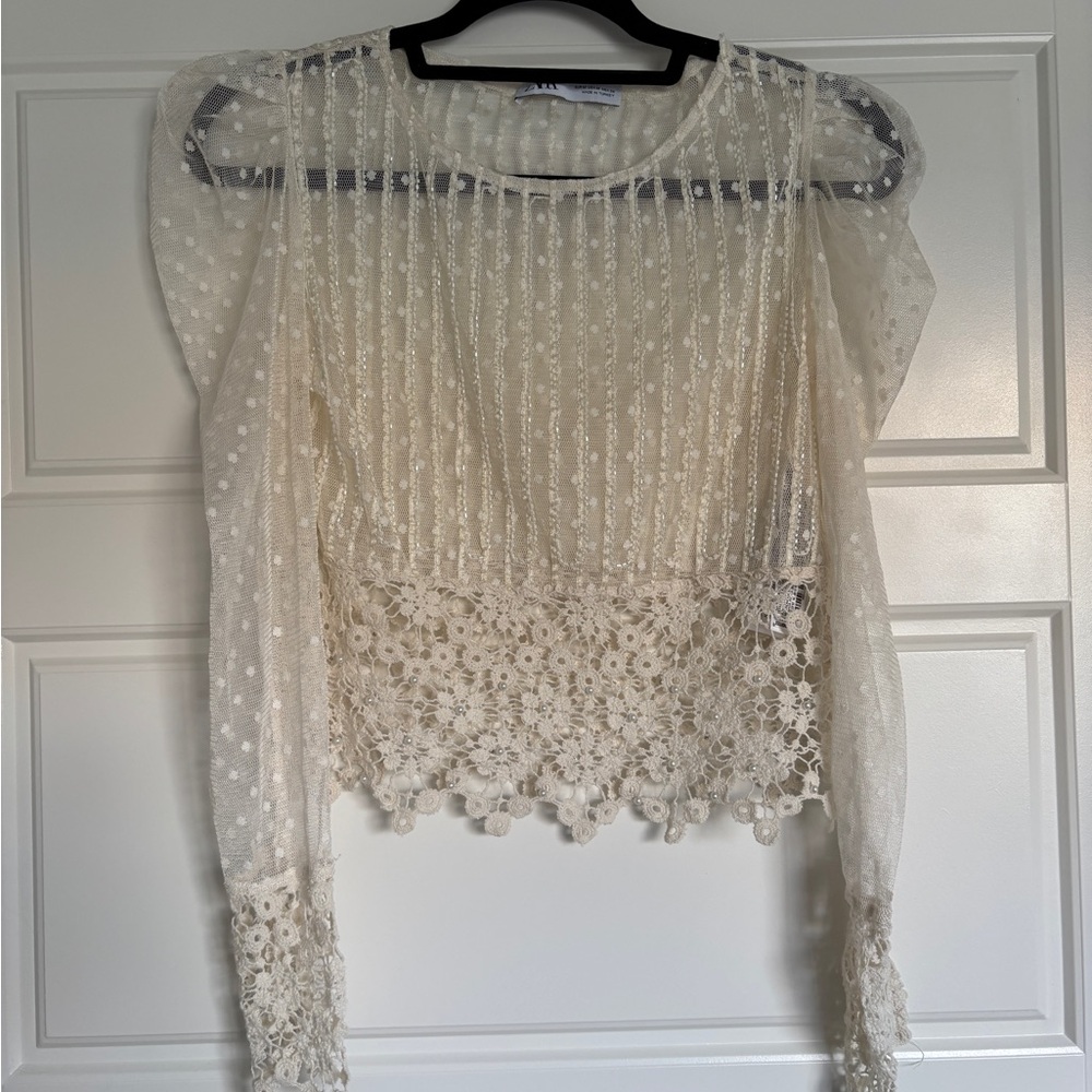 Zara Ivory Lace Sheer Dotted Long-Sleeve Blouse